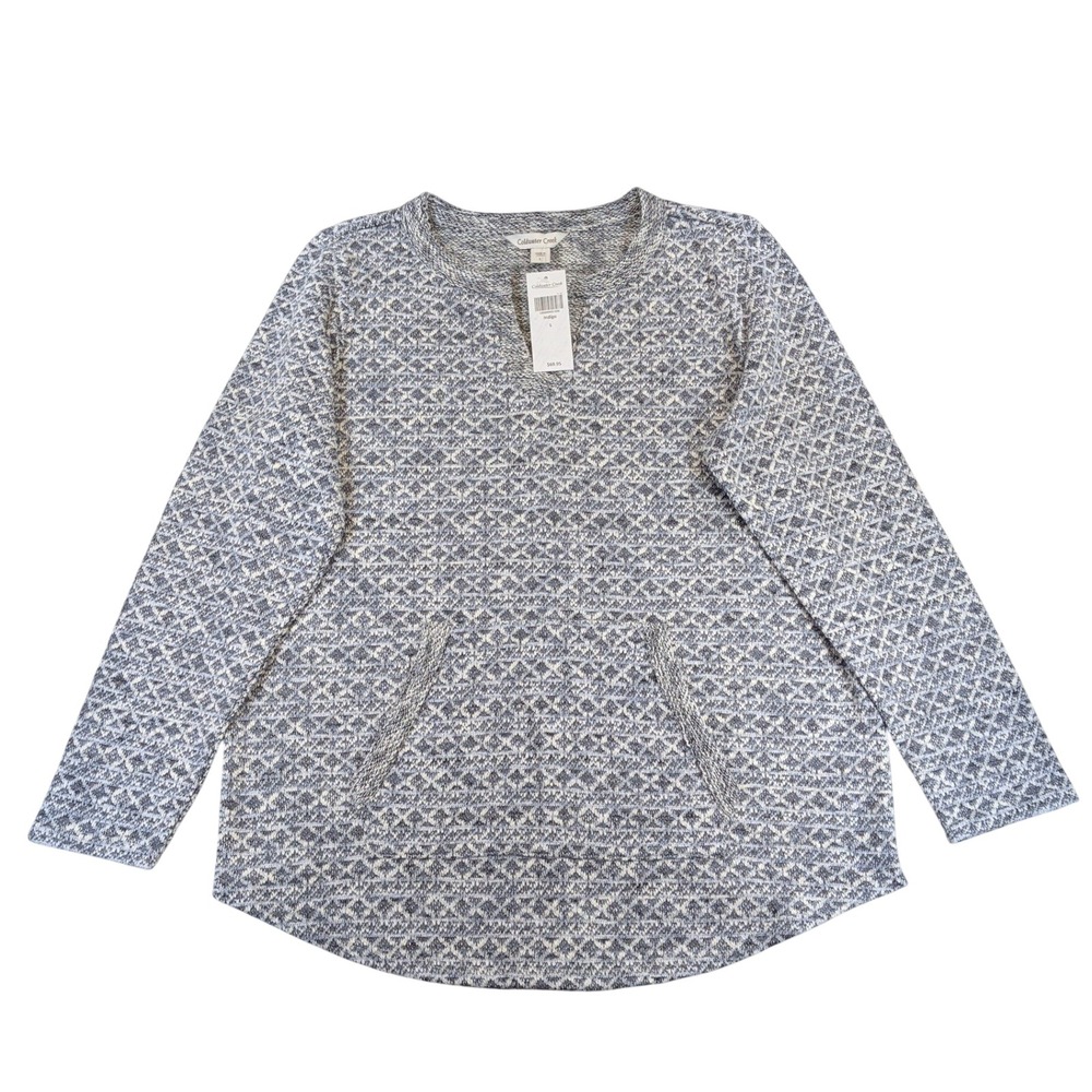 Coldwater Creek Indigo Geometric Diamond Knit Split Neck Tunic Sweater Large NWT